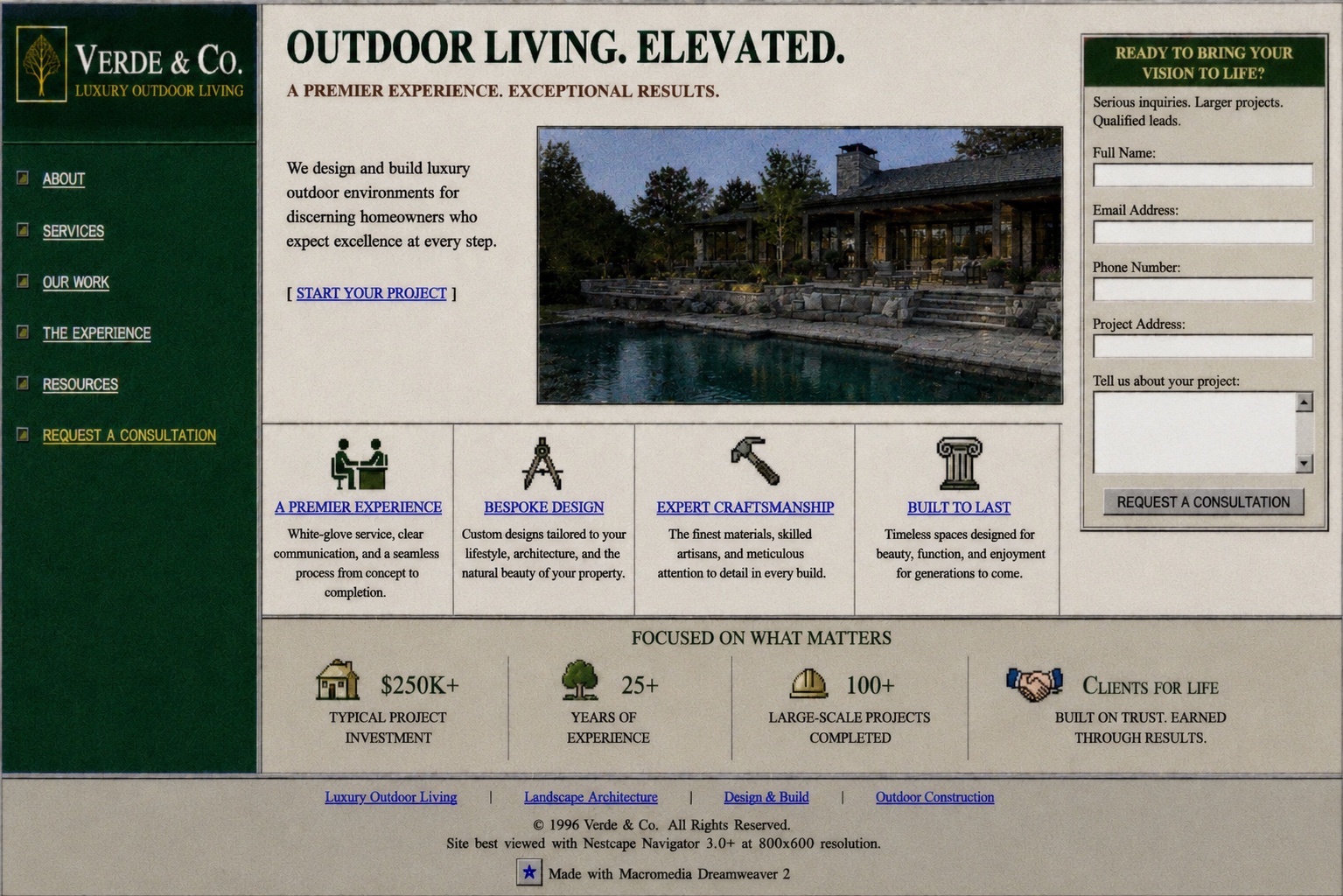 Luxury outdoor living old website before
