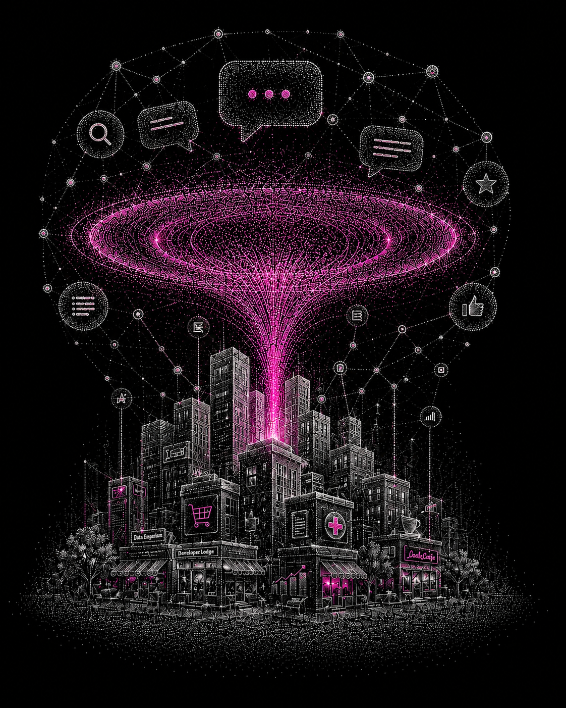 A magenta data funnel rising from an illustrated city, surrounded by AI search, chat and recommendation icons connected in a network.