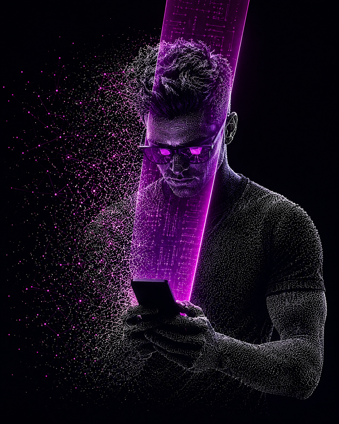 A futuristic digital professional with AI and data visualization, symbolizing digital transformation and growth.